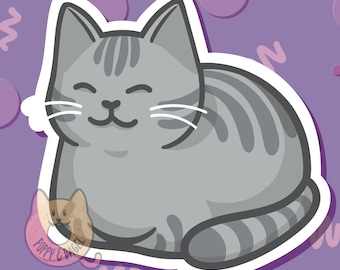 Grey Tabby Cat Loaf Sticker; Light Gray and Dark Gray Options; Waterproof Dishwasher Safe Matte Vinyl Sticker