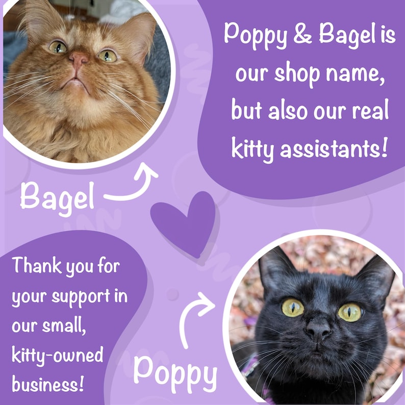 May include: A purple and white graphic with two cats in circles. The text reads "Poppy & Bagel is our shop name, but also our real kitty assistants!" and "Thank you for your support in our small, kitty-owned business!"
