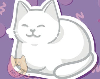 May include: A white cat with closed eyes and a smile, curled up in a sleeping position. The cat is outlined in gray and is on a purple background with white and pink polka dots.