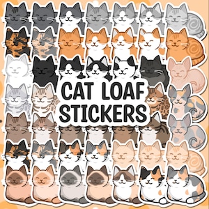 Può includere: Un set di 60 adesivi a forma di pane di gatto con diverse razze di gatti in diverse pose. Gli adesivi sono stampati su carta bianca con una finitura lucida. Gli adesivi sono disposti in una griglia e presentano il testo "Cat Loaf Stickers".