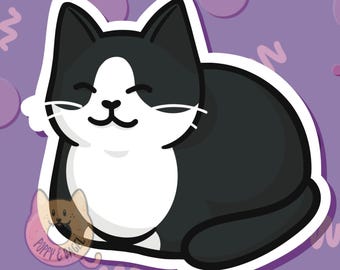 May include: A black and white cat with a white patch on its chest is curled up in a sleeping position. The cat has a happy expression on its face and is surrounded by a purple background with pink polka dots.