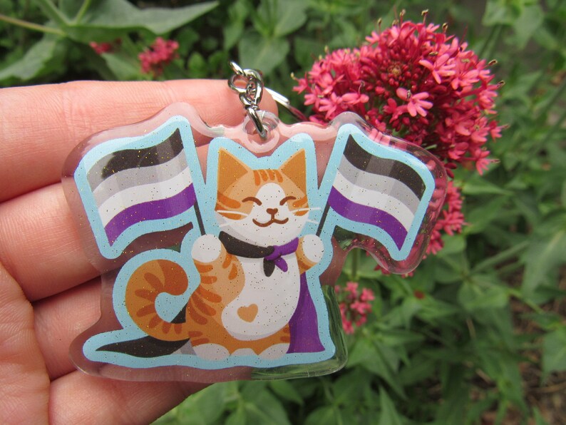 May include: A clear acrylic keychain featuring a cartoon orange tabby cat holding two flags. The flags are the asexual pride flag, with black, gray, white, purple, and blue stripes. The cat is wearing a black bow tie and a purple cape.