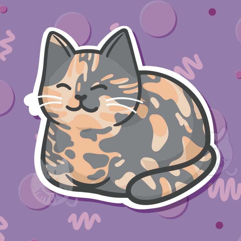 May include: A cartoon illustration of a calico cat with gray, orange, and white fur. The cat is curled up in a sleeping position with its eyes closed and a smile on its face. The cat is on a purple background with white polka dots.