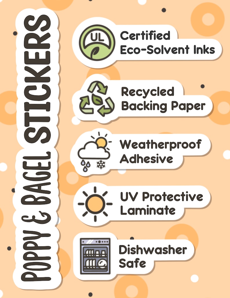 May include: A set of five stickers with different features, including eco-friendly inks, recycled backing paper, weatherproof adhesive, UV protective laminate, and dishwasher safe. The stickers are white with black text and colorful icons.