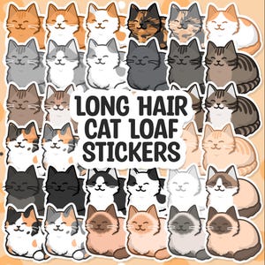 Puede incluir: Un conjunto de 36 pegatinas de pan de gato de colores con gatos de pelo largo en varias poses. Las pegatinas están dispuestas en una cuadrícula y tienen un contorno blanco. El texto "LONG HAIR CAT LOAF STICKERS" está impreso en negro en el centro de la imagen.