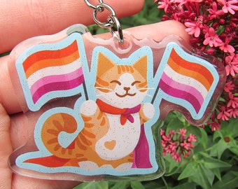 Lesbian Pride Cat Keychain, Glitter Epoxy Acrylic LGBTQ+ Queer Key Chain