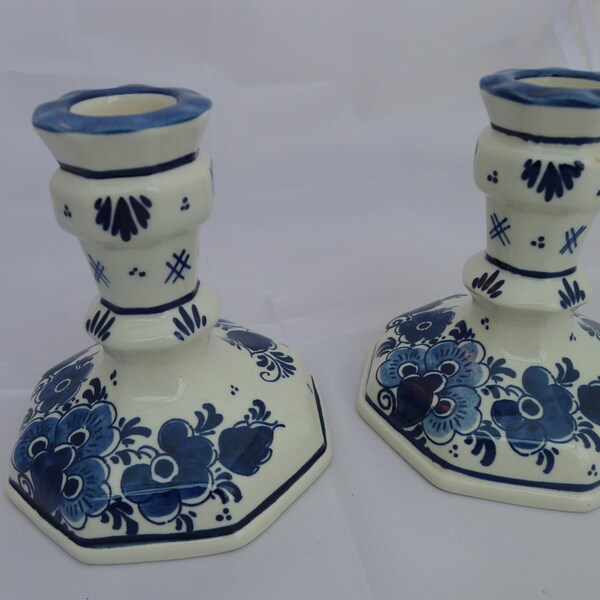 Mid Century Delft Candlesticks Base 9cm Height 10cm