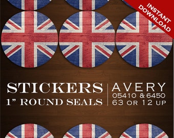Instant Download - Union Jack Sticker Envelope Seals  - UK Design Stickers Bottlecaps Avery 05410 & 6450 Stickers Britain British Flag