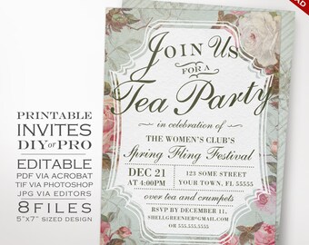 birthday tea party invitation template vintage rose tea etsy