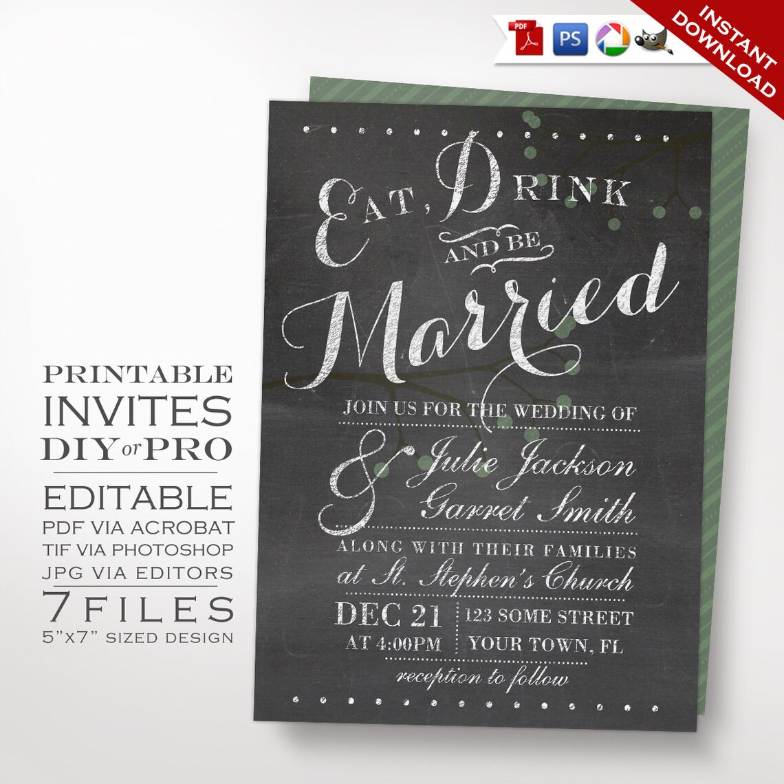 Wedding Invitation Template - Chalkboard Wedding Invitation - Printable ...