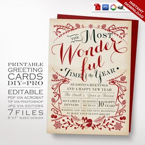 Jaaroverzicht Kerstkaart Sjabloon - Winter Woodland Holiday Wenskaart - Afdrukbare DIY Moderne Kerst Bewerkbare Hygge Fox Redwork