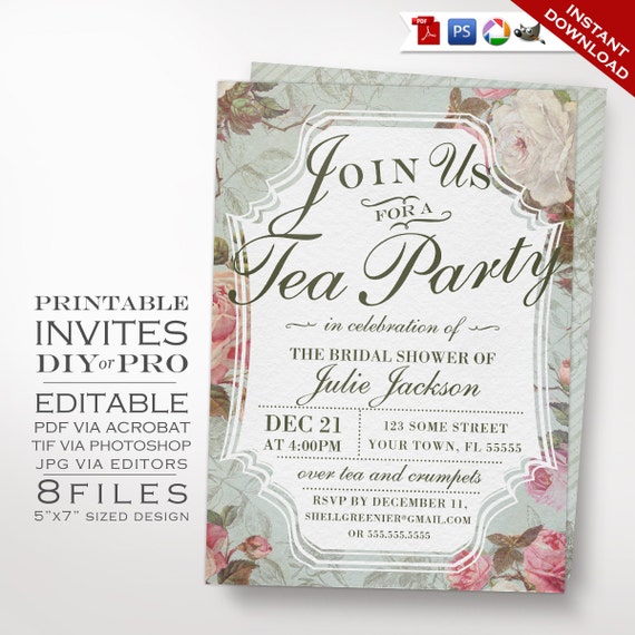 bridal shower tea party invitation template vintage rose etsy