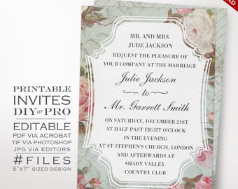 Wedding Invitation Template - Vintage Rose Wedding Invitation - Printable DIY French Country Wedding Invitation Editable Wedding Invite