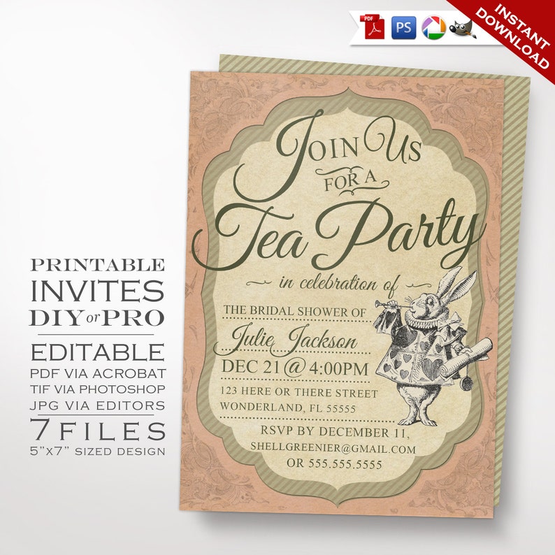 Alice In Wonderland Tea Party Invitation Template Vintage Etsy