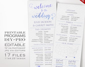 Wedding Program Template - Watercolor Wedding Program - Printable DIY Watercolor Wedding Order of Service Editable Wedding Program