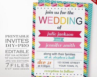 Wedding Invitation Template - Same Sex Wedding Invitation - Printable DIY Rainbow Same Sex Wedding Invite Editable Lesbian Wedding Invite