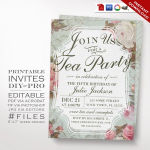 Birthday Tea Party Invitation Template - Vintage Rose Tea Party Theme Birthday Invitation Printable DIY Country Invitation Editable Invite