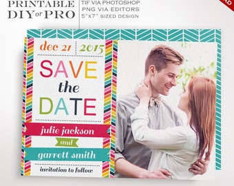 Save the Date Wedding Template - Rainbow Chevron Wedding Photo Save the Date - Printable DIY Rainbow Wedding Editable Custom Photograph