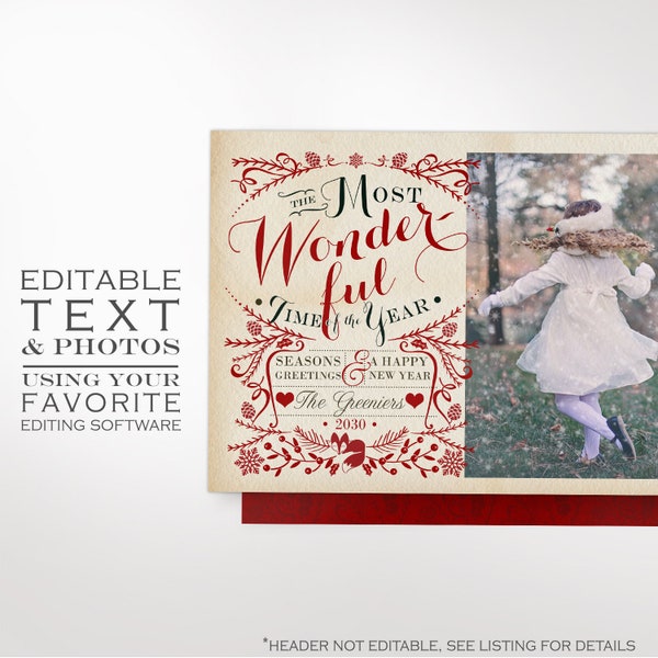 Christmas Photo Card Template - Woodland Holiday Greeting Card Template Kit - Xmas Printable Editable Year in Review DIY Christmas Kit
