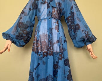 Könnte beinhalten: Ein blaues Vintage-Kleid mit langen, durchsichtigen Ärmeln und einem Blumenmuster. Das Kleid hat eine Schleife am Ausschnitt und eine Knopfleiste vorne. Das florale Design ist in einem dunkleren Blau- und Braunton gehalten.