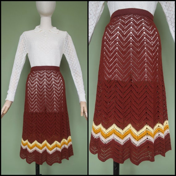 Hand Crocheted Vintage 1970's Maroon Chevron High