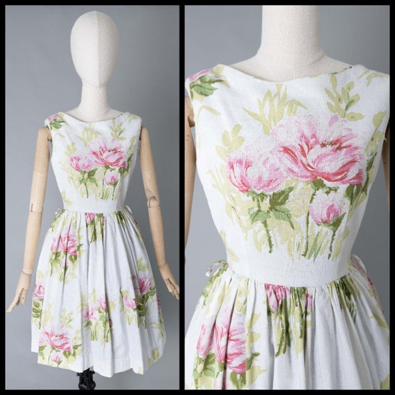 Vintage 1950's 60's Floral Sleeveless Pink and Wh… - image 1
