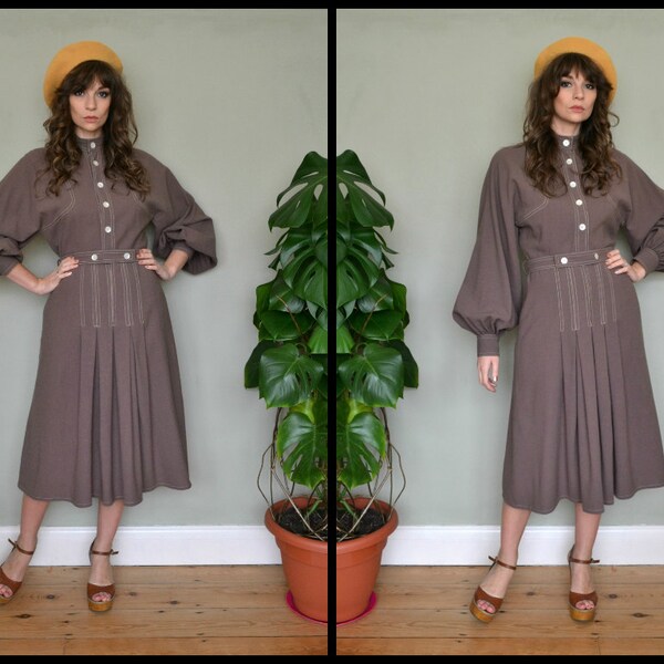 RESERVED please do not purchase. Vintage 1970's Jean Varon Balloon Sleeve Brown Wool Midi Dress Size Large