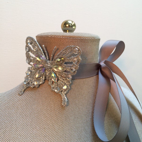 Butterfly Motif Choker, Beaded Ribbon Choker, Statement Neckwear, Butterfly Headband, Accessories