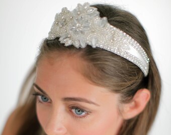 White Rhinestone Tiara, Beaded Bridal Crown, White Tiara Headband, Beaded Headband!