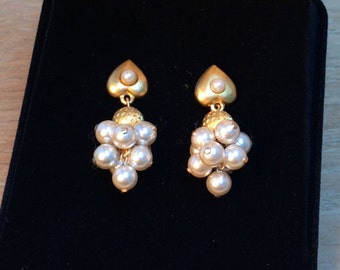 Pearl Cluster Earrings, Heart Shaped Pierced Pearl Earring, Vintage Bridal Earrings