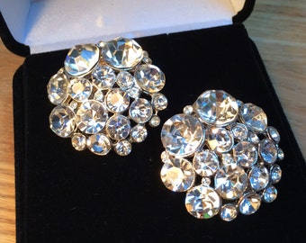 Bridal Jewelry, Vintage Rhinestone Clip on Earrings, Wedding Jewelry, 1960's Brilliant Dazzling Earrings