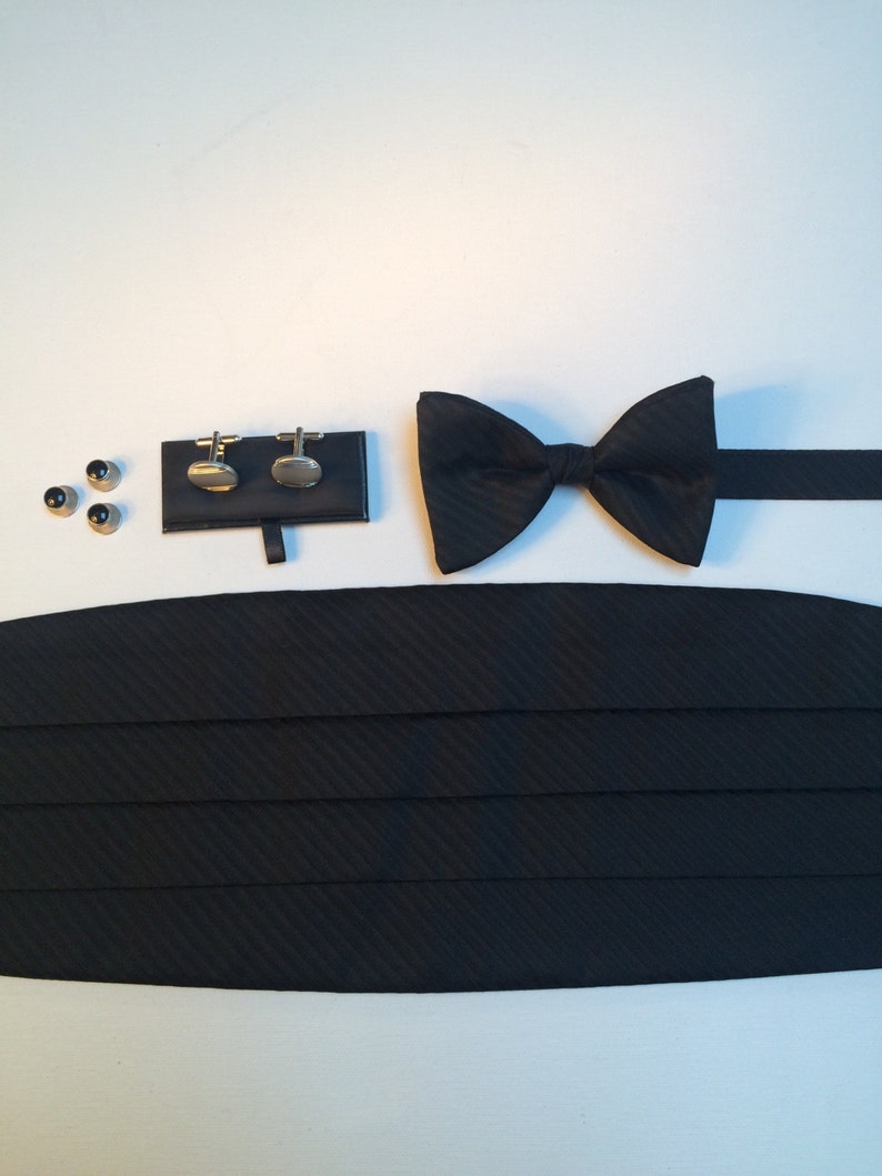 Men's Accessories Set, Black Cummerbund, Bow tie, Cuff links and Tuxedo Studs, Weddings, Vintage Accessories image 1
