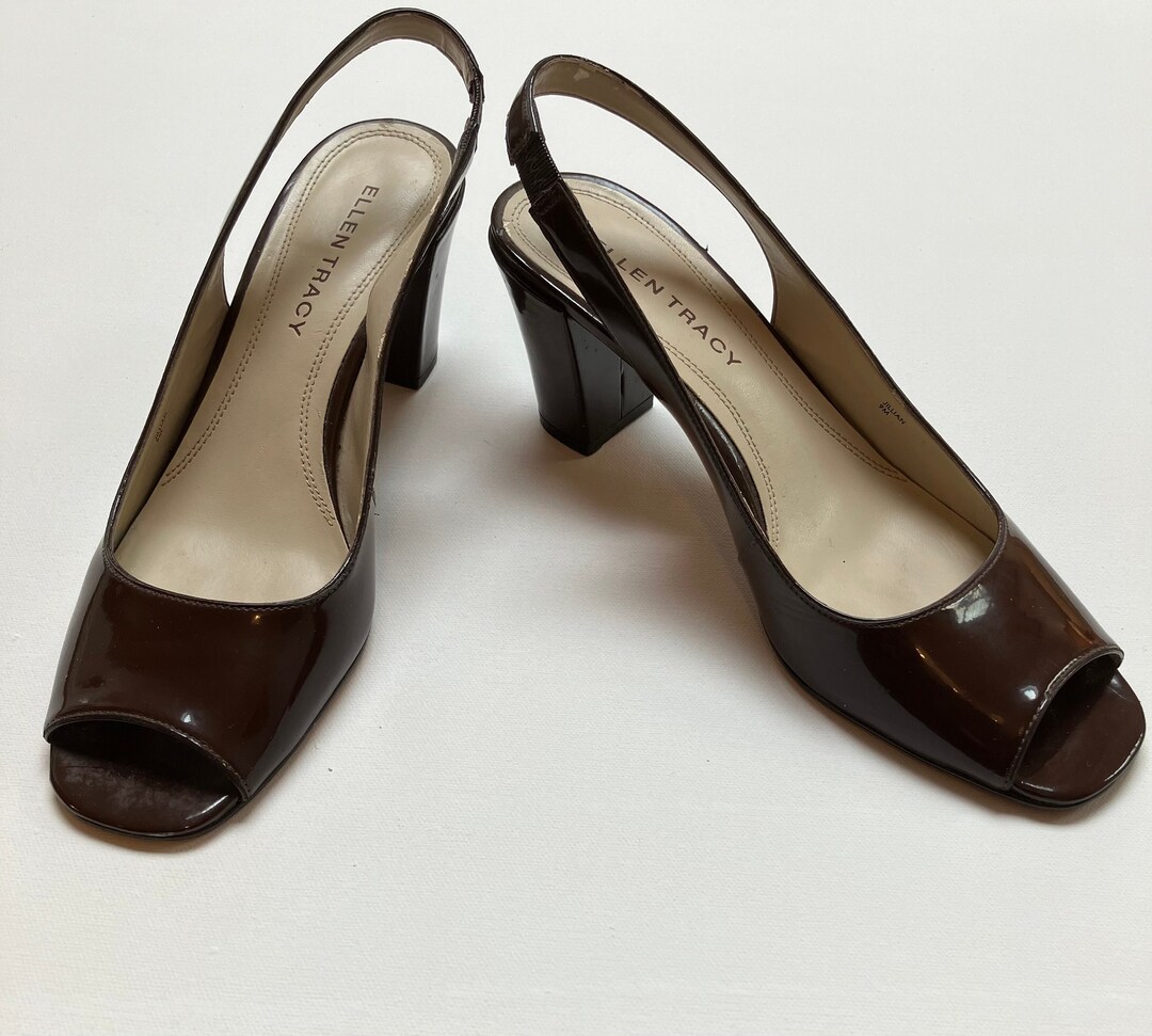 Ellen Tracy Brown Patent Leather Pumps, Size US 9M Women's Slingbacks