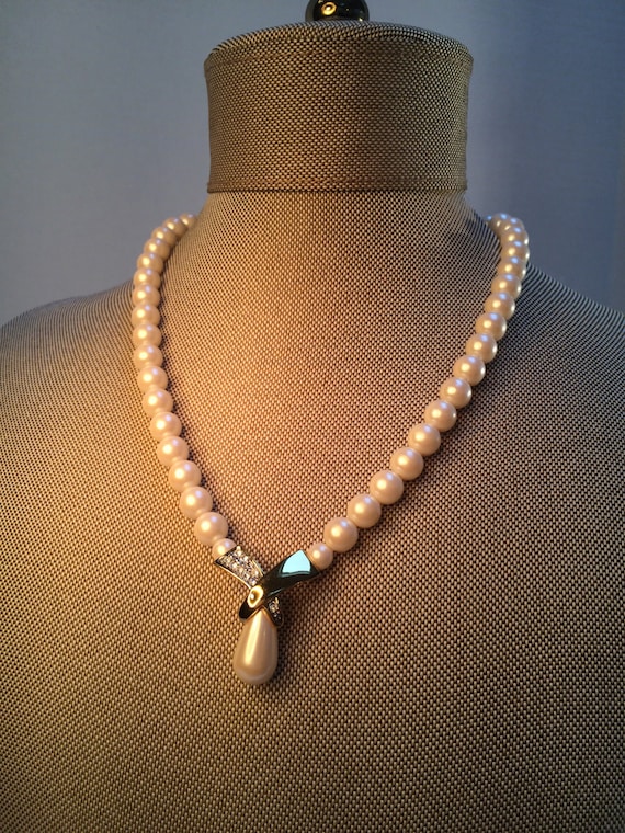 Pearl Rhinestone Pendant Necklace, Pearl Wedding … - image 3