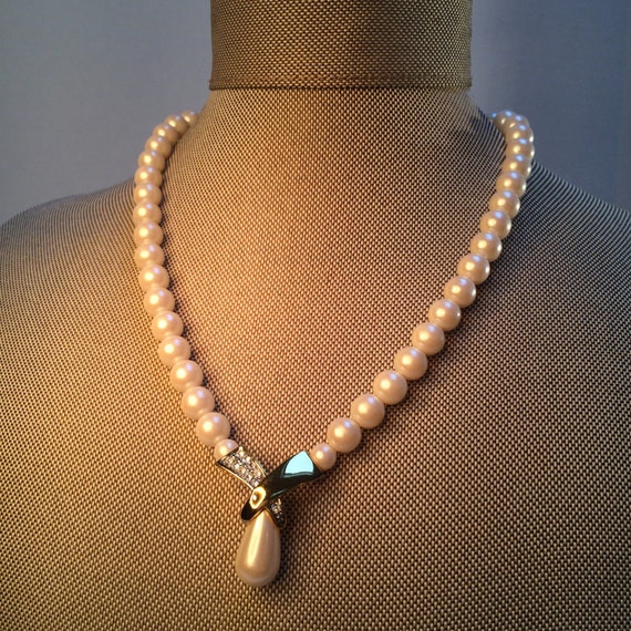 Pearl Rhinestone Pendant Necklace, Pearl Wedding … - image 1