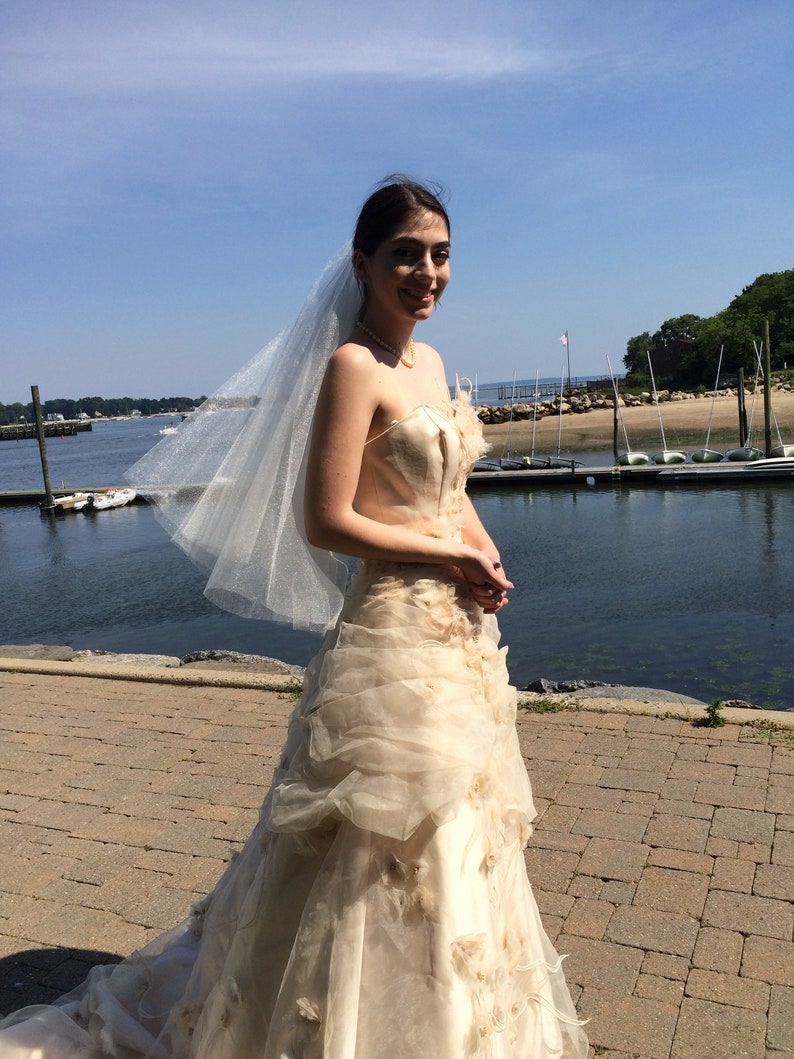 Puede incluir: Una novia con un vestido de novia blanco con velo de tul. El vestido tiene un escote de coraz&oacute;n y una falda de capas. La novia est&aacute; de pie en un camino de adoquines con un cuerpo de agua en el fondo.