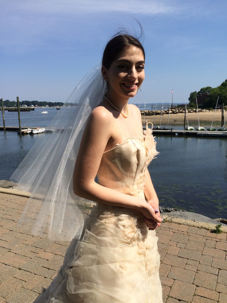 Puede incluir: Una novia con un vestido de novia blanco con velo de tul. El vestido tiene un corpi&ntilde;o ajustado y una falda fluida. La novia est&aacute; de pie en un camino de ladrillos con un cuerpo de agua en el fondo.
