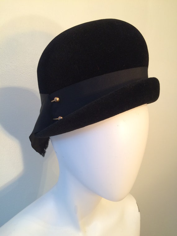 Black Formal Hat, Vintage 1950's Cloche Hat, Blac… - image 3