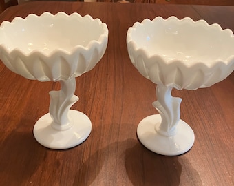 Set of Two Vintage Milk Glass Candy Bowls, Tall Milk Glass Serving Dishes, Holiday Dishes