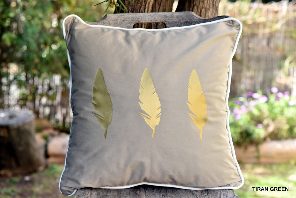 khaki pillow with gold foil feathers print throw pillow gold Etsy