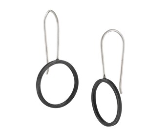 Black Earrings, Short Drop Earrings, Circle Earrings, Black Silver Earrings, Oxidized Earrings, Short Circle Earrings, Modern Jewelry