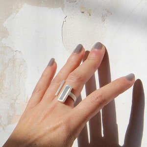 Silver Ring For Women, Unique Ring, Open Ring, Geometric Ring, Concrete Ring, Architecture Jewelry, Rectangle Ring, Gold Adjustable Ring