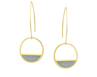 Gold Dangle Earrings, Circle Earrings, Geometric Earrings, Concrete Earrings, Architecture Jewelry, Sterling Silver or Gold Plated Earrings