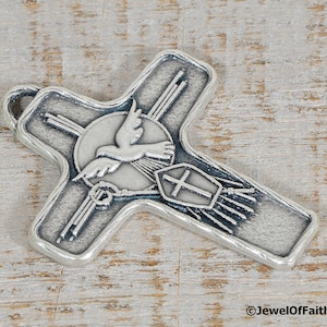 Large Confirmation Dove Holy Spirit Cross Pendant Oxidized Silver One Sided Religious Jewelry Supplies