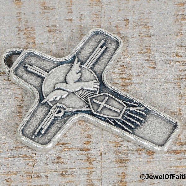 Large Confirmation Dove Holy Spirit Cross Pendant Oxidized Silver One Sided Religious Jewelry Supplies