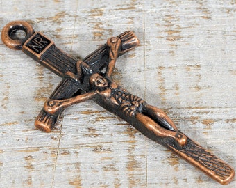Colgante grande de crucifijo del Rosario Papal de cobre, acabado antiguo