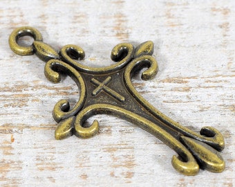 Antique Bronze Ornate Cross Pendants, Religious Jewelry Supplies (Lot of 3)