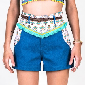Welcome Print High Waisted Denim Tassel Shorts,hot pants,pinup,jeans,embelished,50s,Hotpant,festival,burningman,ethically made with love