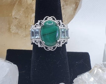 Malachite Specialty Statement Victorian Ring with Blue Topaz Gift for Her Size 5