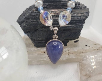 Raw Tanzanite Pendant Necklace with Pearls, Swarovski Crystals